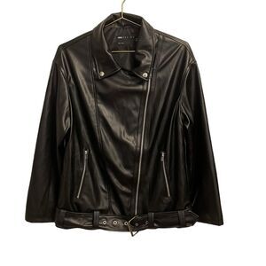 ASOS Design‎ Belted Black Faux Vegan Leather Oversized Moto Jacket Size 2